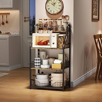 4-Tier Bakers Rack with Rounded Tubular Frame and Pull-Out Basket