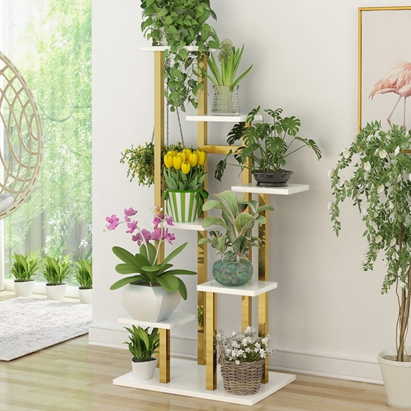 7-Tier Ladder Planter with Gold Metal Frame and Offset Shelving Design.