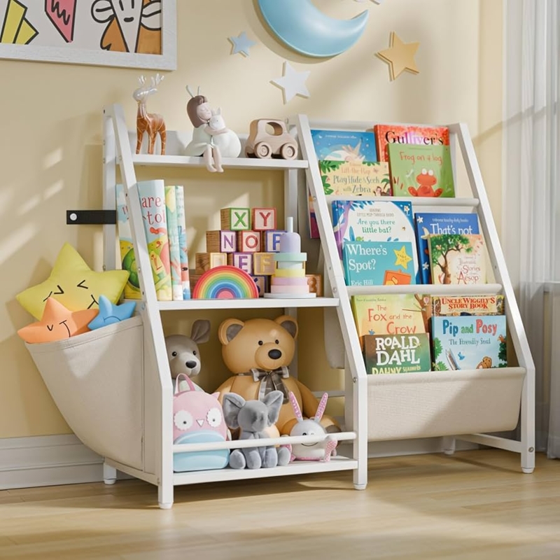 A-Frame Toddler Bookcase with Side Storage Pouch and Slings