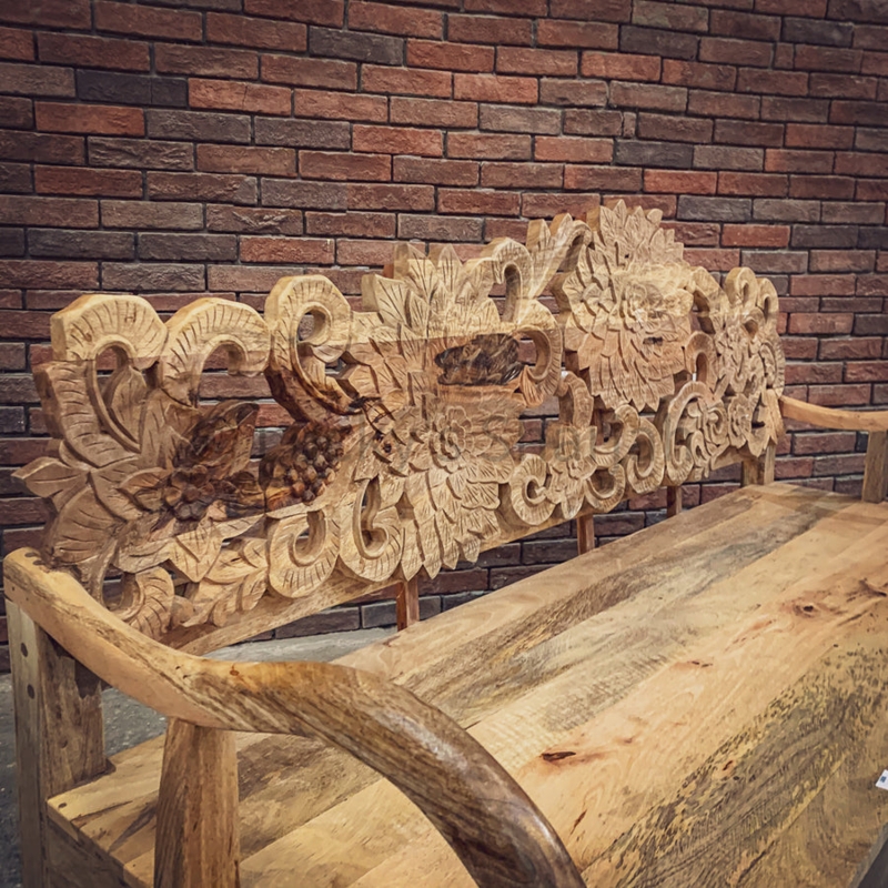 Accent Bench Bohemian Wood Entryway Seating Floral Carved Backrest