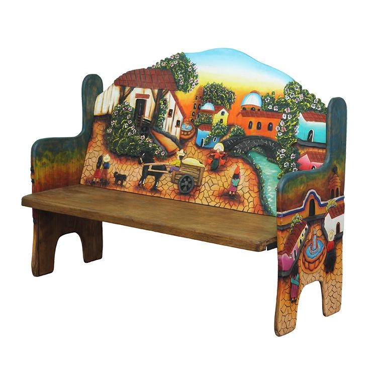 Accent Bench Mexican Folk Art Hand Carved Village Scene Mural Painted