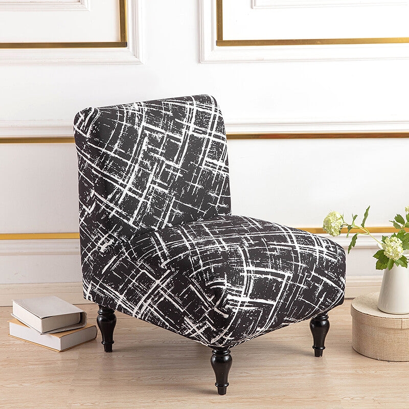 Accent Chair Abstract Crosshatch Pattern Black White Turned Legs Armless