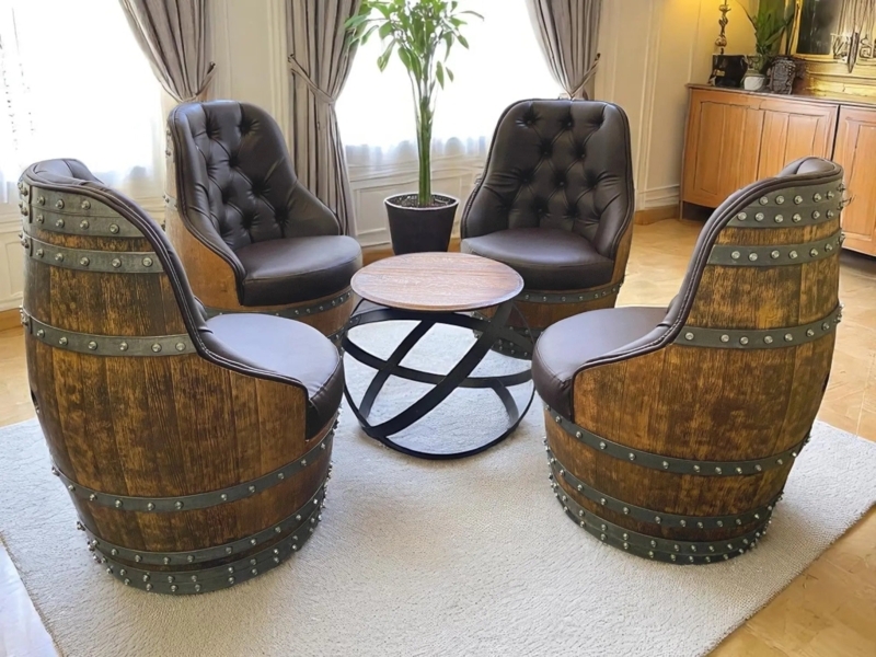 Accent Chair Barrel Staves Diamond Tufting Riveted Metal Rustic