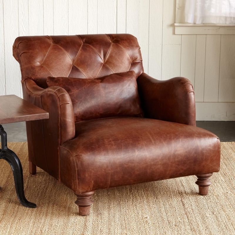 Accent Chair Bun Feet Diamond Tufted; Cognac Leather-Like Rustic Style