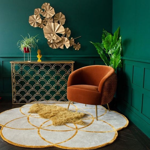 Accent Chair Burnt Orange Velvet Scalloped Gold Console Jewel Tone Interior
