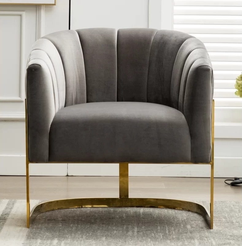 Accent Chair Channel Tufting Gold Toned Metal Barrel Back Glam