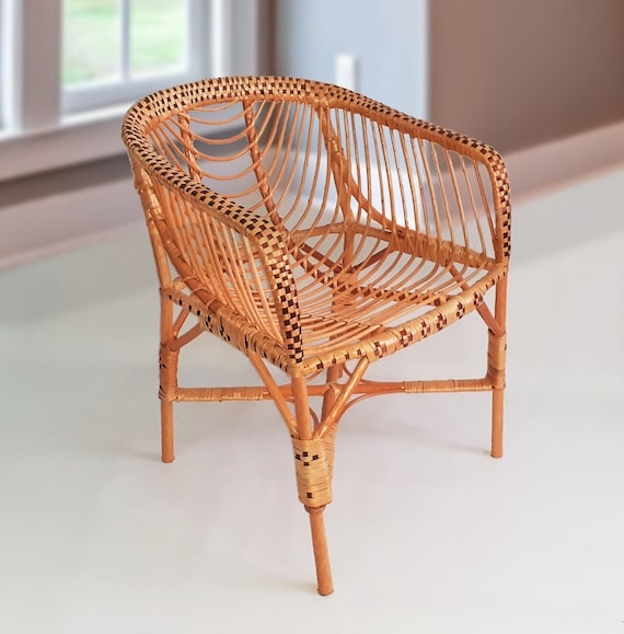 Accent Chair Checkered Weave Rattan Vertical Ribbing Boho Style