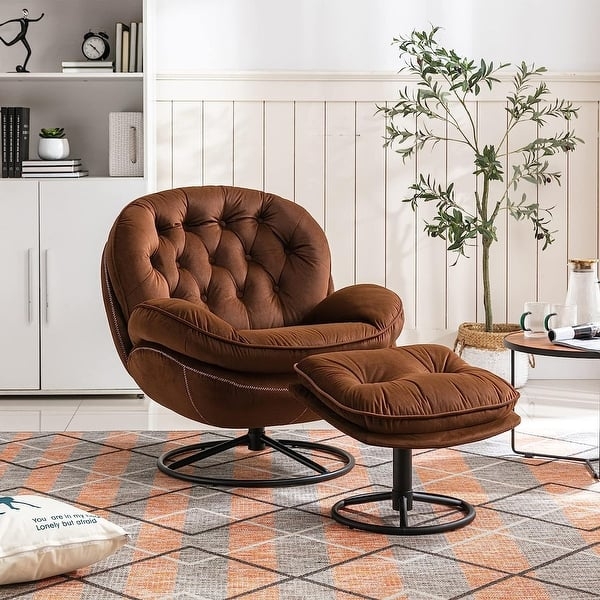 Accent Chair Circular Base Diamond Tufting; Velvet Cognac Swivel Chair
