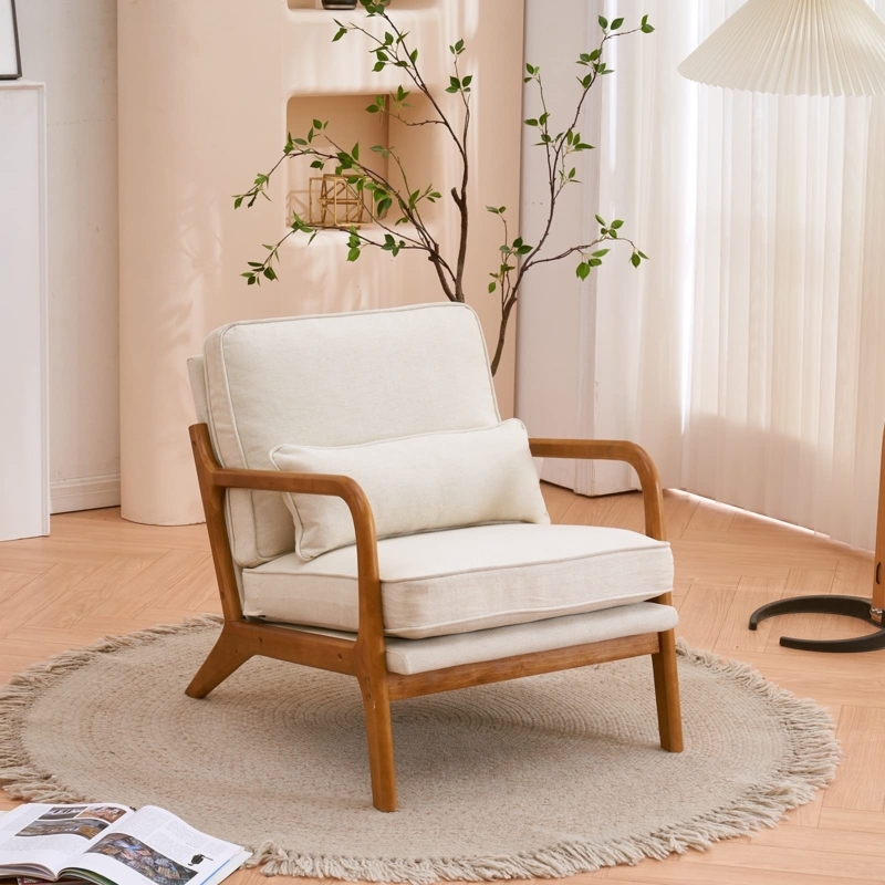 Accent Chair Curved Armrests Box Cushions Wood Frame Beige Scandi Chair