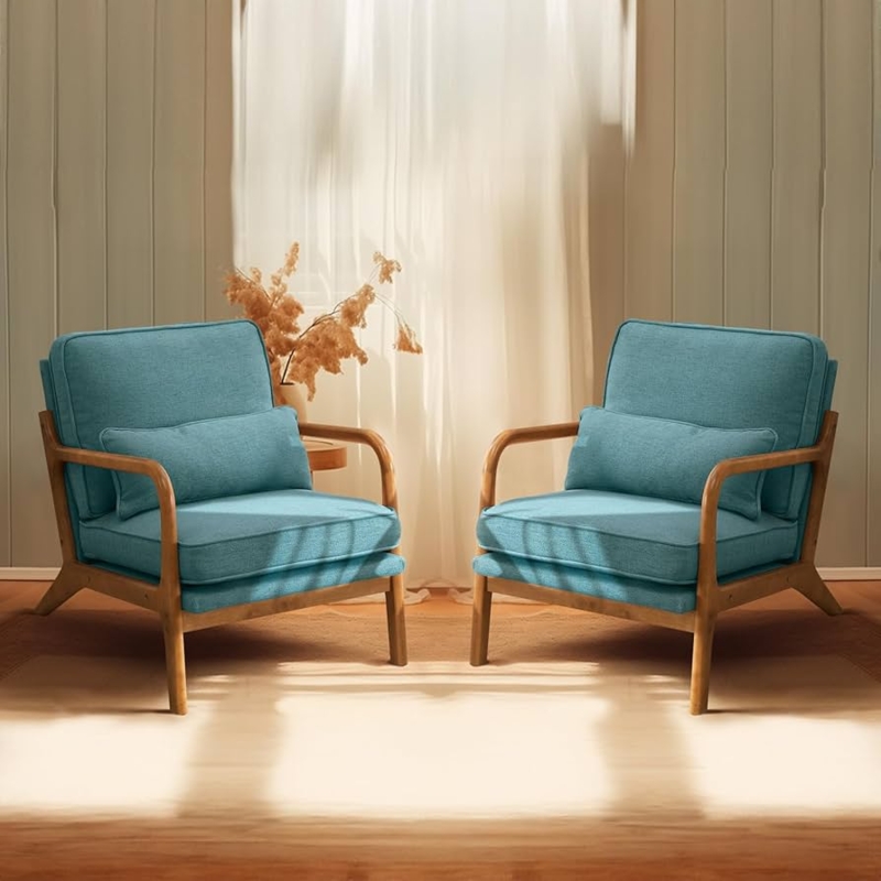 Accent Chair Curved Wood Arms Lumbar Pillow Teal Mid-Century Armchair