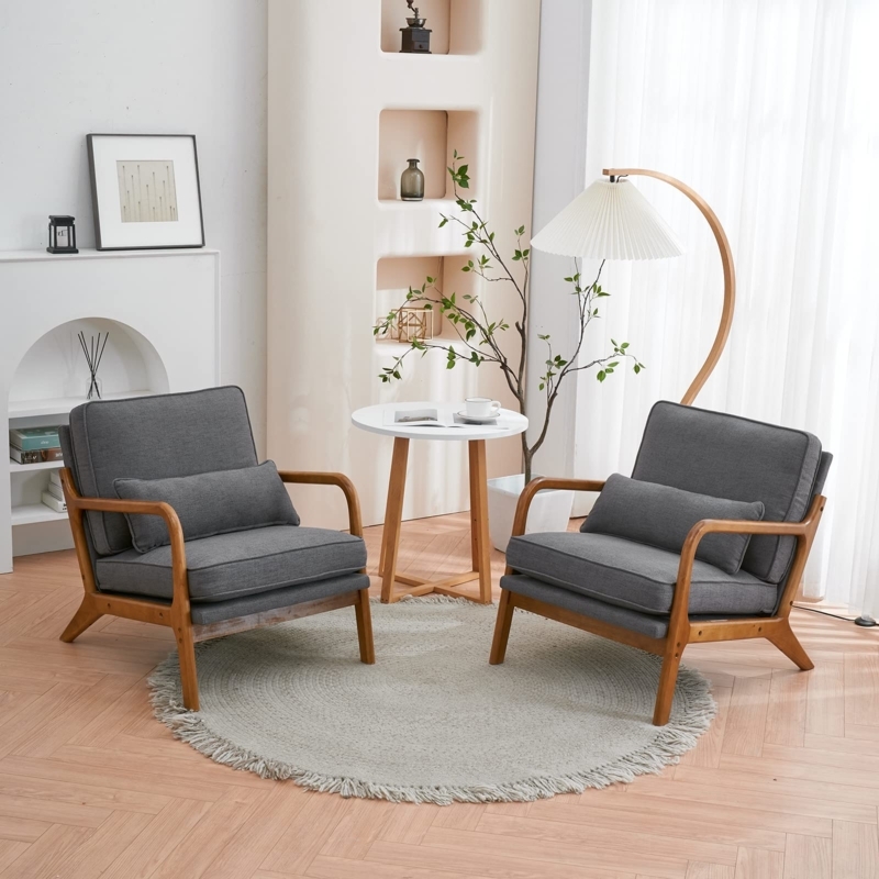 Accent Chair Dark Gray Linen Curved Arms Mid Century Minimalist Nook Set