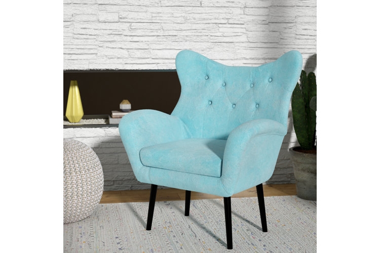 Accent Chair Flared Wingback Button Tufting Aqua Blue Mid-Century Armchair