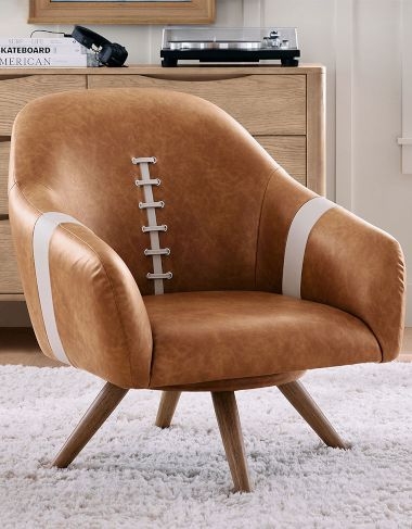 Accent Chair Football Lacing Detail Cognac Brown Sporty Teen Lounge Seating