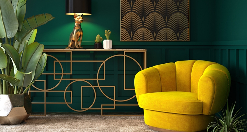 Accent Chair Geometric Fretwork Scalloped Back Emerald Green Walls