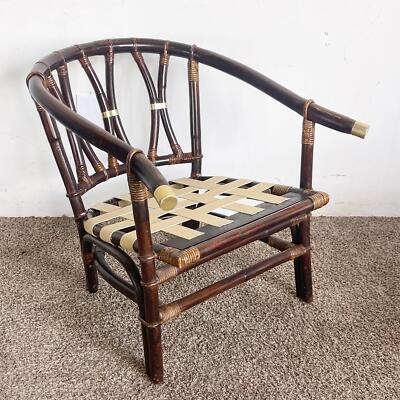 Accent Chair Horseshoe Back Brass Caps Dark Bamboo Chinoiserie Lounge