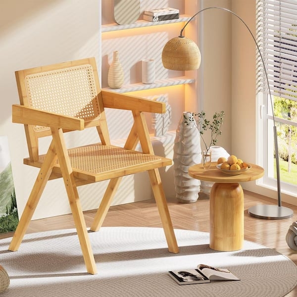 Accent Chair Japandi Bamboo with Hexagonal Woven Cane Mesh Back
