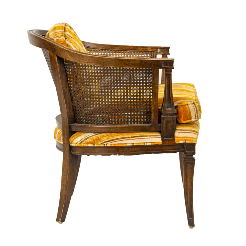 Accent Chair Orange Striped Fabric Cane Barrel Back Fluted Legs