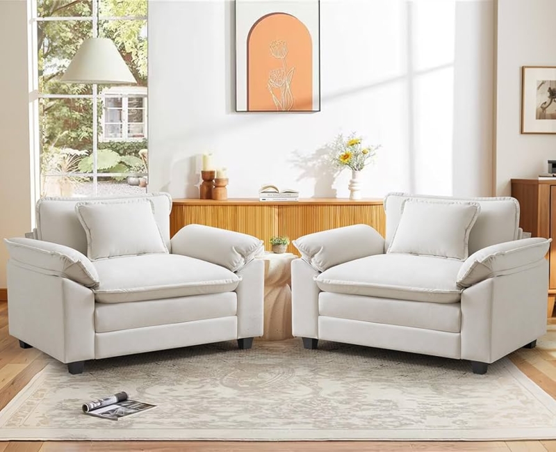 Accent Chair Padded Armrests Extra Wide Seat Warm Beige Modern Minimalist