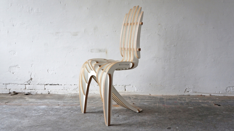 Accent Chair Parametric Curved Slats Laminated Birch Veneer White
