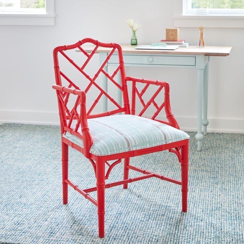 Accent Chair Red Bamboo Frame with Fretwork Back and Striped Seat