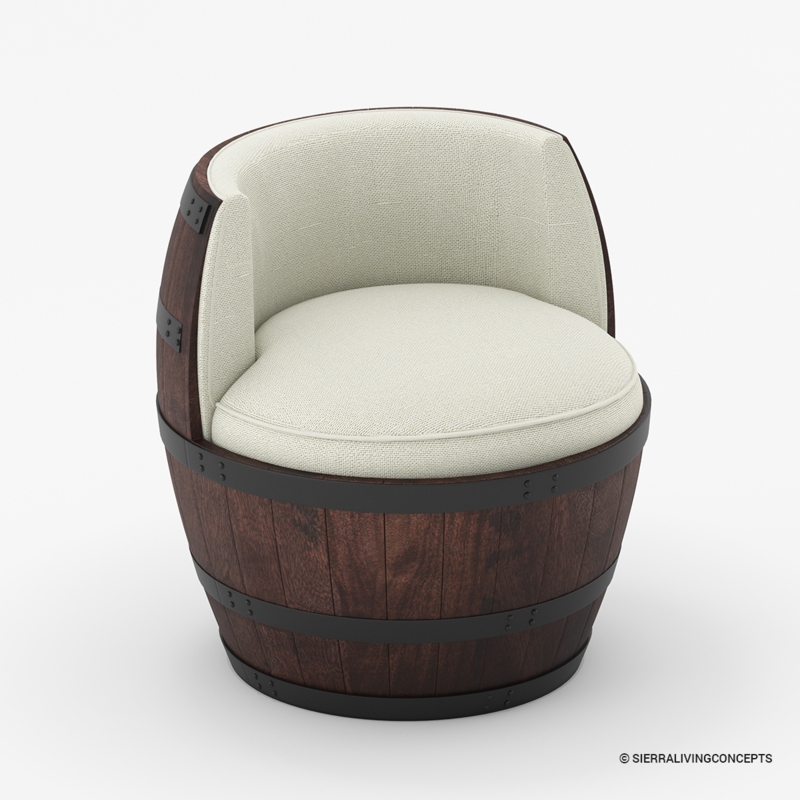 Accent Chair Riveted Metal Bands Barrel Base Wrap Around Back