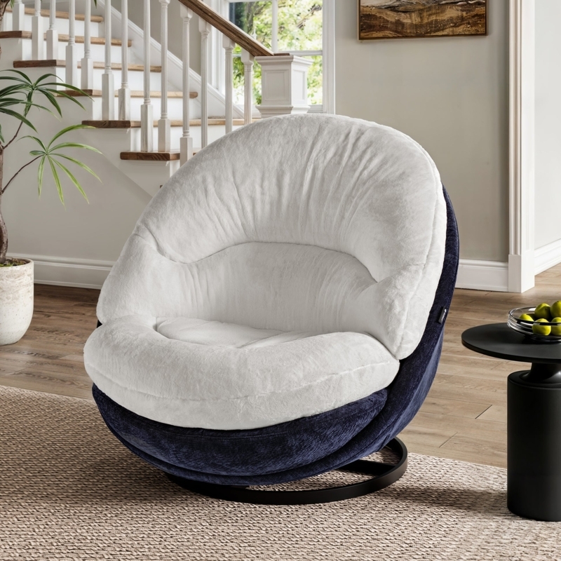 Accent Chair showcasing a fuzzy interior; navy swivel accent chair design.