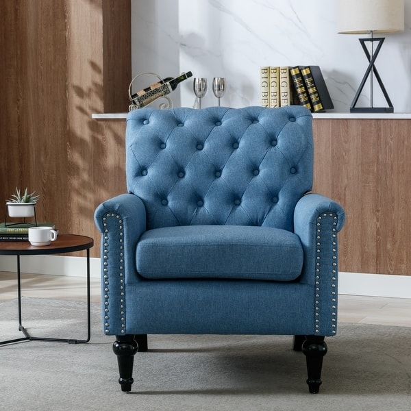 Accent Chair Silver Nailhead Trim Diamond Tufted Slate Blue Reading Chair