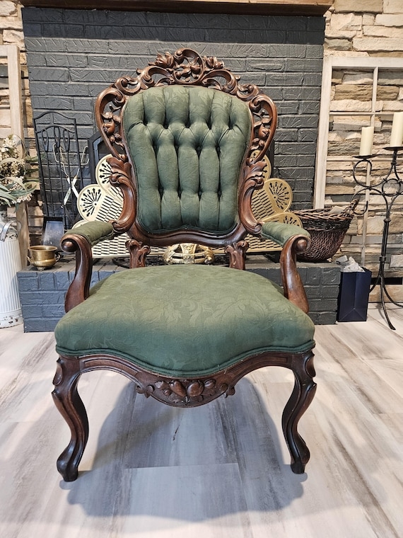 Accent Chair Solid Mahogany Frame Forest Green Button Tufted Back