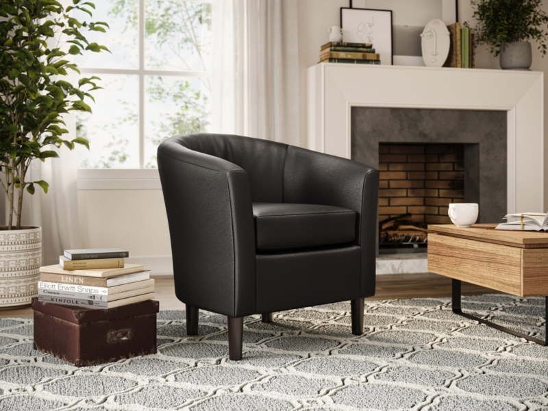 Accent Chair Tapered Legs Black Leather-Like Barrel Back Modern