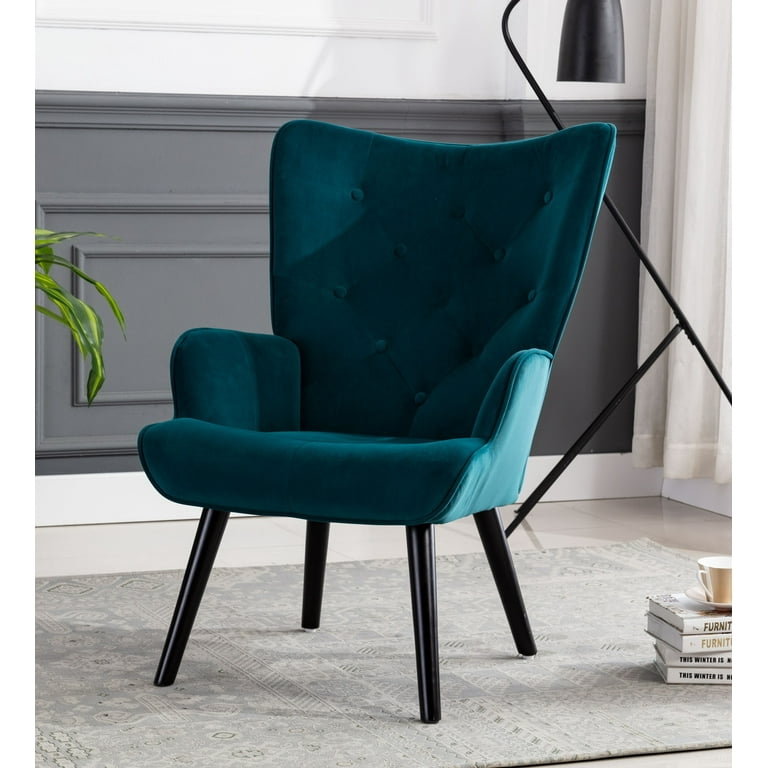 Accent Chair: Teal Velvet, Button Tufting, Wingback Mid Century Lounge
