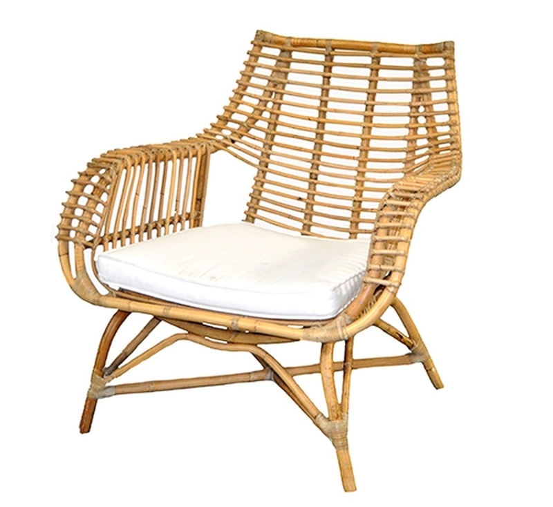 Accent Chair Warm Honey Bamboo Horizontal Slats White Cushion Boho