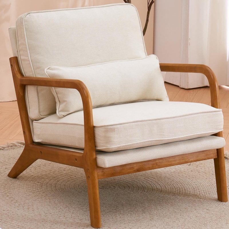 Accent Chair with curved wood arms; a mid-century beige armchair.