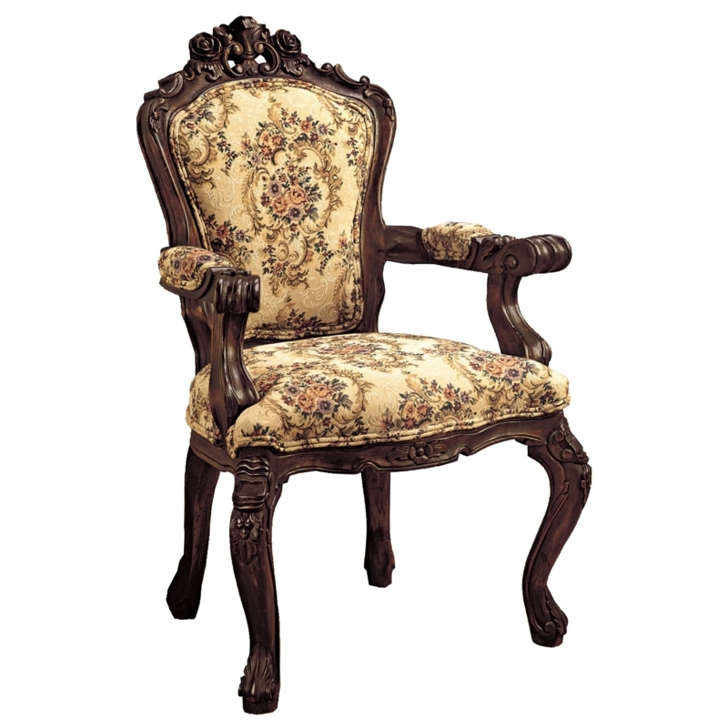 Accent Chair with Intricate Crest Carving and Floral Tapestry Weave