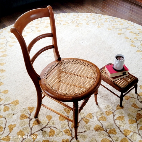 Accent Chair with Matching Footstool Antique Cane Set Polished Wood