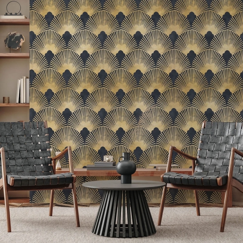 Accent Chair Woven Straps Fluted Base Coffee Table Art Deco Fan Wallpaper