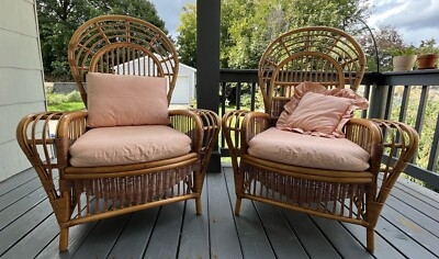 Accent Chairs Vintage Rattan Peacock Fan Back Woven Apron Peach Tone