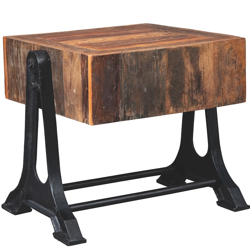 Accent End Table Butcher Block Top Cast Iron Trestle Base