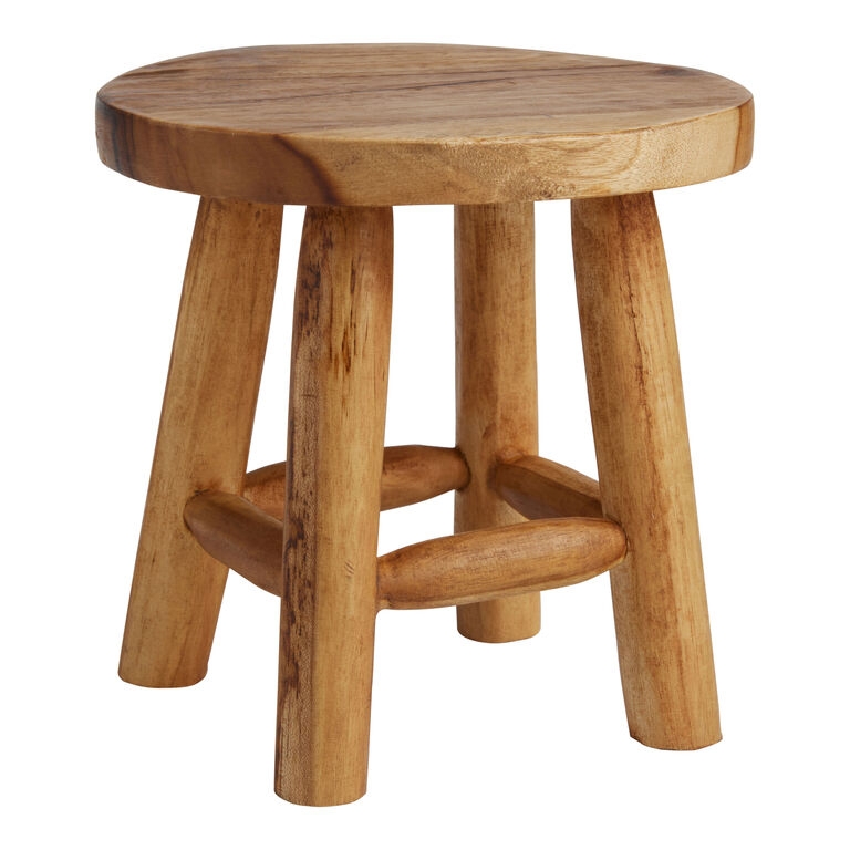 Accent Stool Teak Wood Chunky Profile Round Seat Wabi Sabi Style