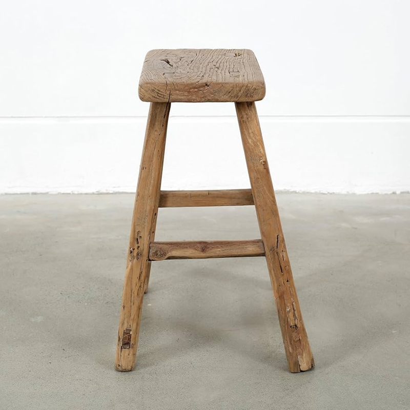 Accent Stool Weathered Patina Rectangular Seat Primitive Joinery