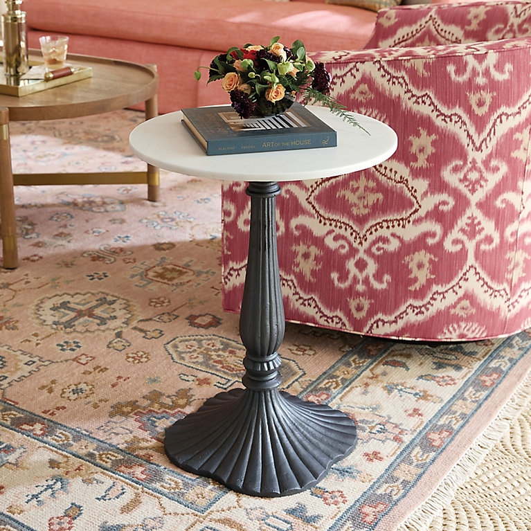 Accent Table Fluted Cast Iron Base White Marble Top Vintage