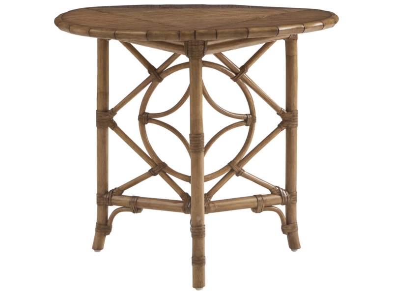 Accent Table Geometric Lattice Base Cord Bindings Round Inlaid Top