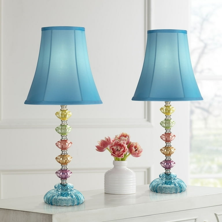 Accent Table Lamp Set: Stacked Glass Beads Blue Flared Shades Eclectic