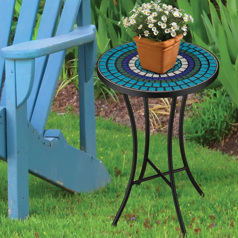 Accent Table Mosaic Tile Top Tripod Base Turquoise Accents