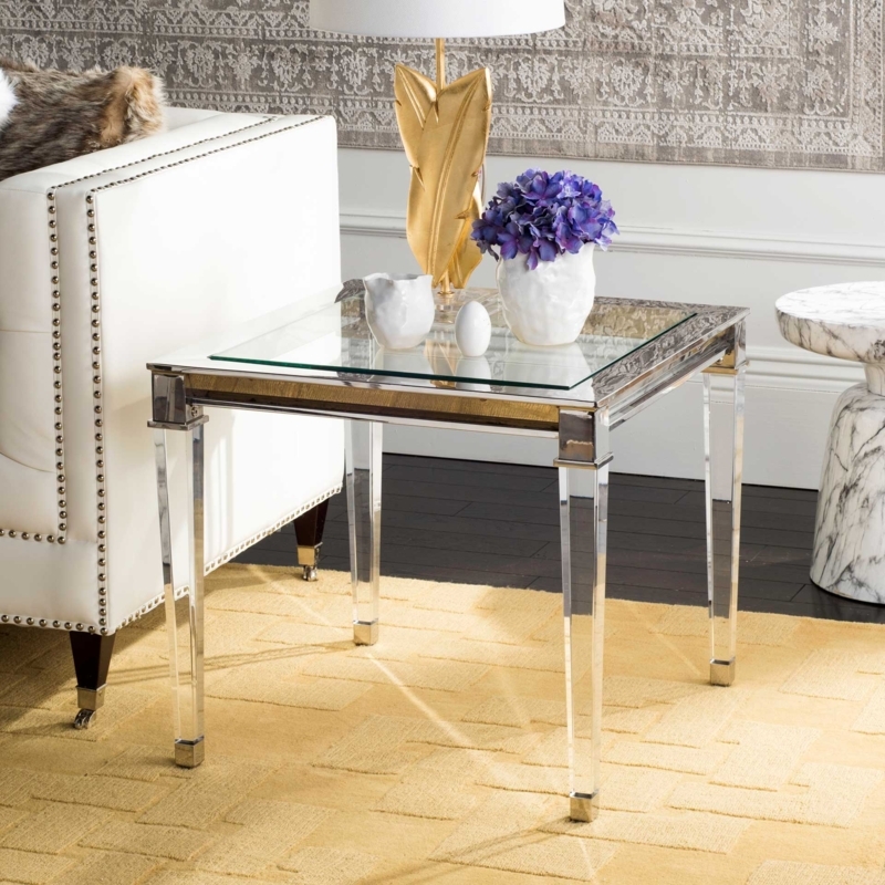 Acrylic End Table Silver Metal Frame Inset Glass Top Tapered Legs Glam