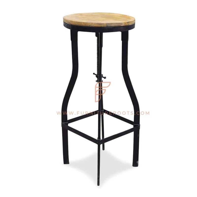 Adjustable Bar Stool with Threaded Rod Mechanism and Wood Seat Top