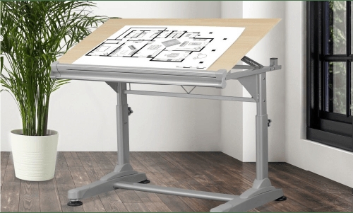 Adjustable Drafting Table with Silver Metal Frame and Light Oak Top