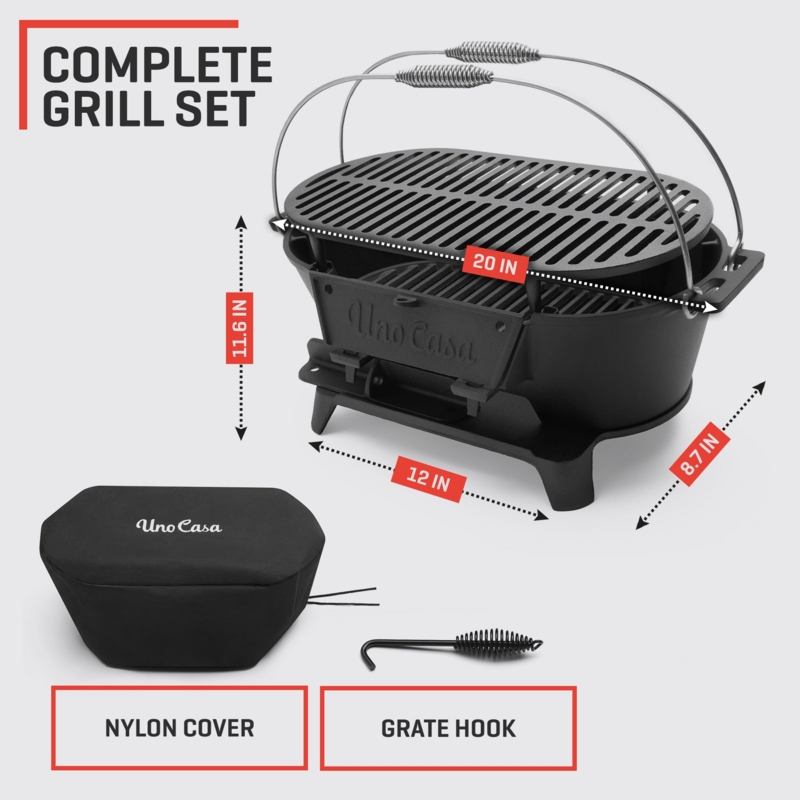 Adjustable Height Hibachi Grill Textured Cast Iron Dual Grates