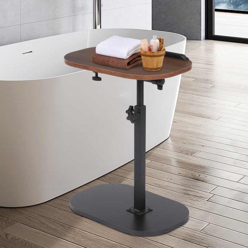 Adjustable Height Side Table with Oval Walnut Top and Heavy C-Shaped Base