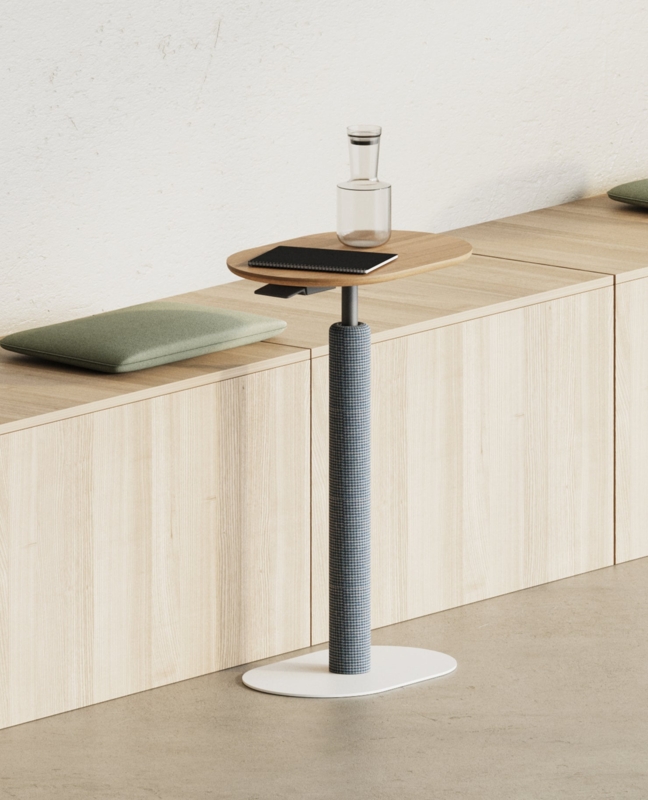 Adjustable Laptop Table with Oval Oak Top and Upholstered Pedestal Column
