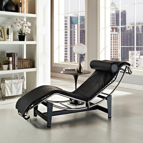 Adjustable Tilt Black Leather Chaise Lounge with Tubular Chrome Frame